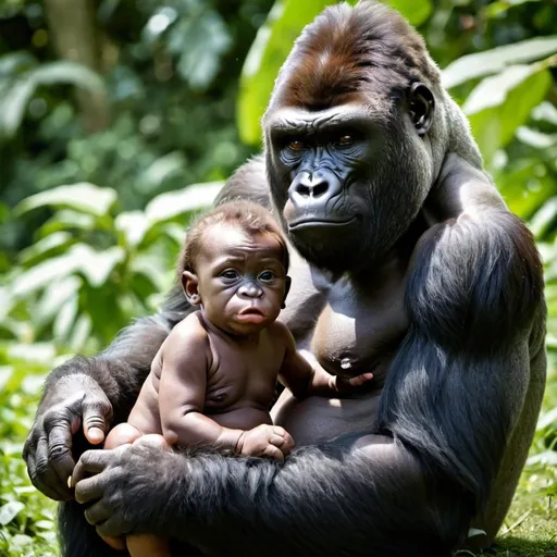 Prompt: gorilla sits on a baby 
