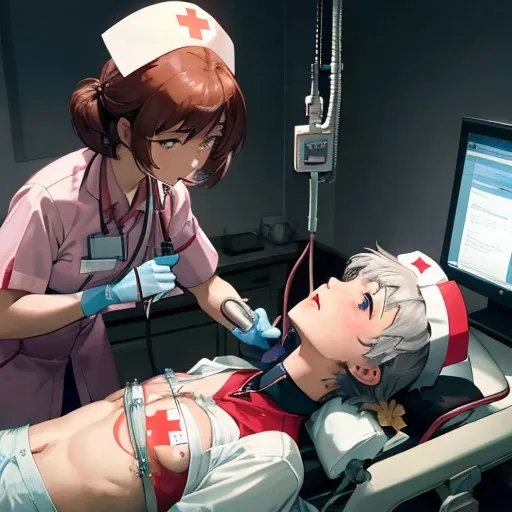 Prompt: A nurse placing a sthetoscope on a patient's bare chest. The patient has an open heart surgery scar on the chest and is conected to an IV drip