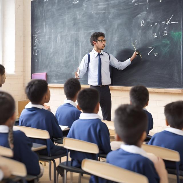 Prompt: A male tutor holding a chalk in front of 5 primary school students near a chalkboard board in a morning lesson.
The students books are closed and they are listening attentively.
The chalkboard is written Study Oasis Academy 