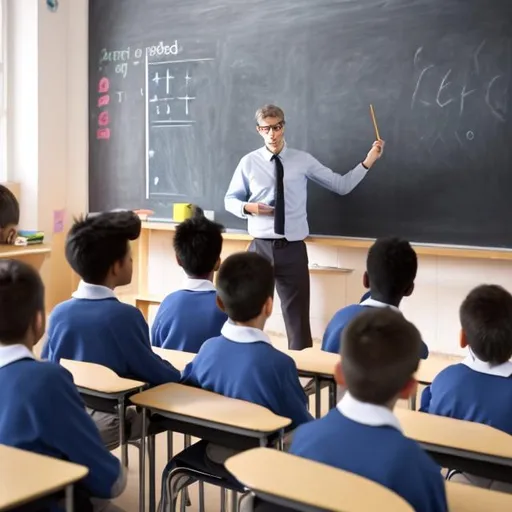 Prompt: A male tutor holding a chalk in front of 5 primary school students near a chalkboard board in a morning lesson.
The students books are closed and they are listening attentively.
The chalkboard is written Study Oasis Academy 