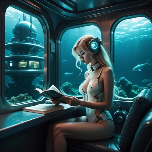 Prompt: Trump .scantily clad Woman in deepsea station, reading book, looking at phone, dark room with window, highres, sci-fi, deepseapunk, Beeple, deepsea art, futuristic setting, digital illustration, atmospheric lighting, cool tones, professional, detailed features, futuristic technology, intense gaze, futuristic interior design, digital display, futuristic fashion, futuristic undersea cityscape in window