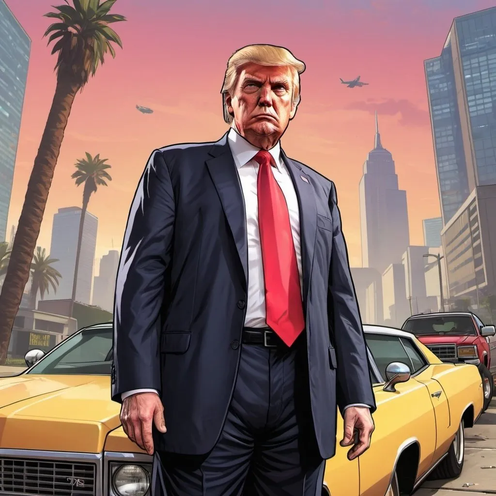 Prompt: Detailed hi res GTA V cover art, cartoon illustration, Trump