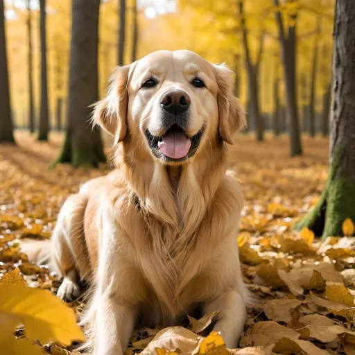 Prompt: a golden retriever in the leafs in a forest