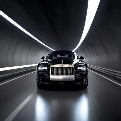 Prompt: Rolls-Royce Ghost concept driving thru tunnel its sleek black exterior reflecting the surrounding futuristic technology
