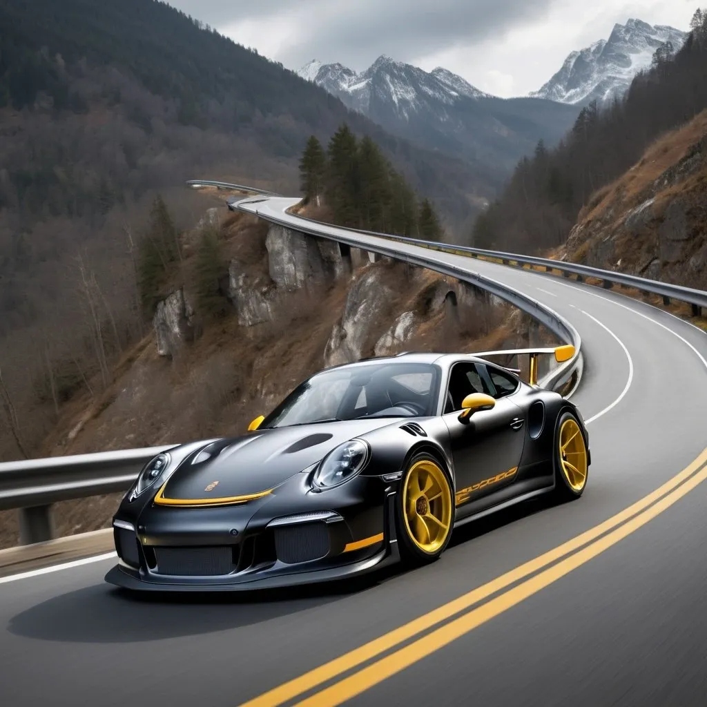 Prompt: Imagine a black matte with white rims and yellow calibers Porsche GT3 RS concept vehicle roaring down a winding mountain road, with its futuristic design reflecting the surrounding natural landscape