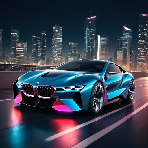 Prompt: Design a sleek, futuristic BMW M Power concept car cruising through a neon-lit cityscape at night.