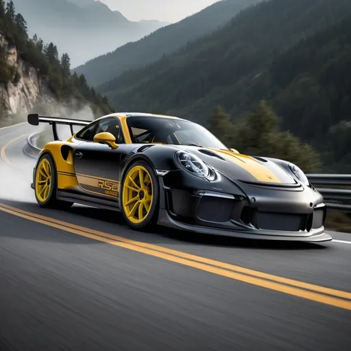 Prompt: Imagine a black matte with white rims and yellow calibers Porsche GT3 RS concept vehicle roaring down a winding mountain road  racing