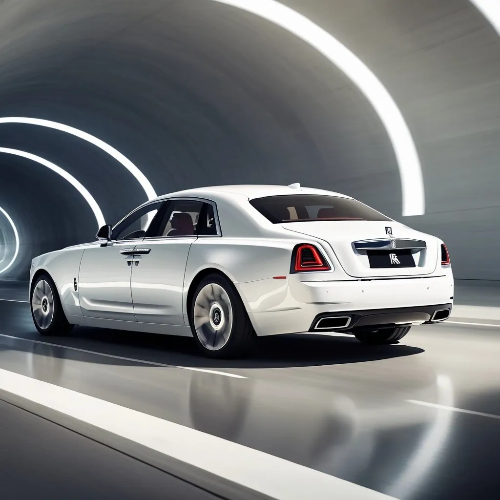 Prompt: Craft an image of a Rolls-Royce Ghost concept driving thru tunnel its sleek white exterior reflecting the surrounding futuristic technology
