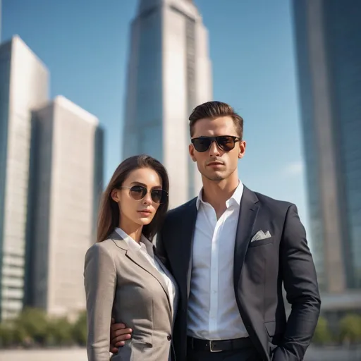 Prompt: Realistic portrait of a handsome man in sunglasses, woman standing behind him, natural lighting, detailed facial features, high resolution, realistic style, subtle expressions, gentleman's fashion, woman in background, professional photography, sophisticated pose, modern urban setting, high quality, natural colors, atmospheric lighting. A full body image in front of a skyscraper 