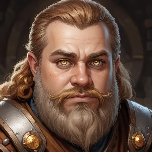 Prompt: A dungeon and dragons character portrait for a dwarf with silver and gold eyes, light brown hair, and a beard. He is a cleric.
