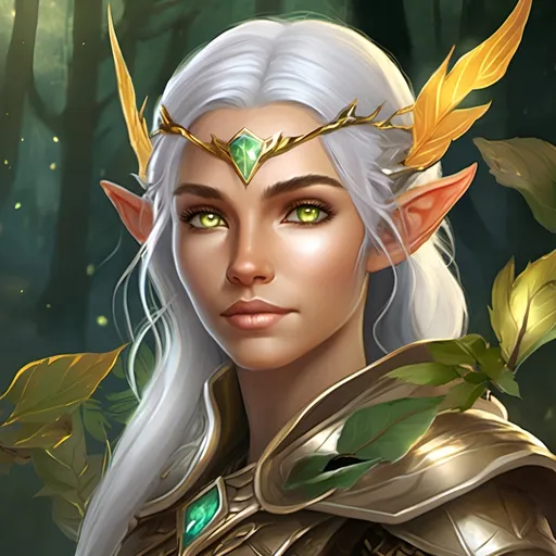 Prompt: Develop a character named Liora, an elf guardian of the enchanted forests. She has silver hair, golden eyes, and wears armor of magical leaves and luminescent crystals. Liora carries an enchanted bow and is accompanied by a small dragon named Ember. The design should convey your grace, strength, and connection to nature and magic, concept art