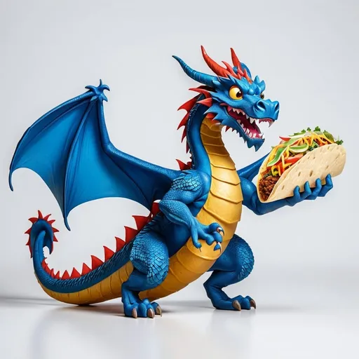 Prompt: blue dragon, holding one taco with a white background