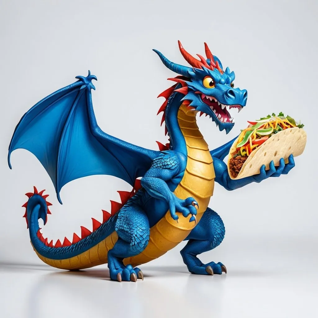 Prompt: blue dragon, holding one taco with a white background