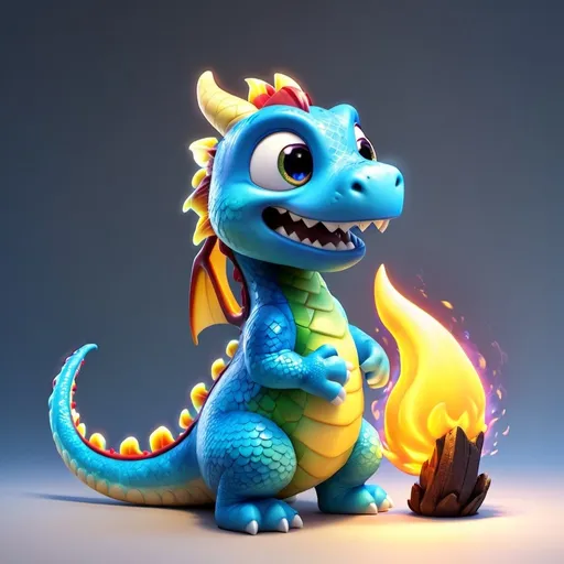 Prompt: Cute blue cartoon dragon breathing fire, white background, high quality, detailed, cute, cuddly, vibrant colors, fantasy, detailed scales, adorable, small size, soft lighting