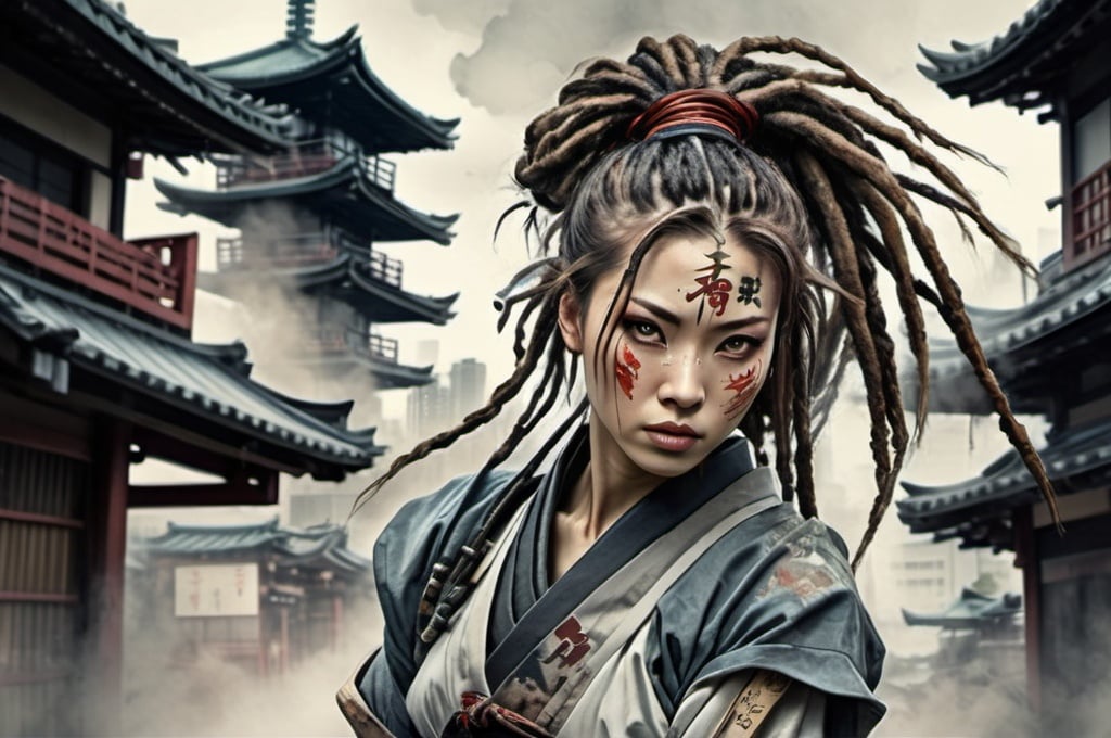 Prompt: japanese warrior woman in dynamic poses, set against an ancient old Tokyo city backdrop, rendered in Louis Royo style with watercolor and oil tinting, incorporating elements of protection and renewal, with dreadlocks, dark haunting eyes