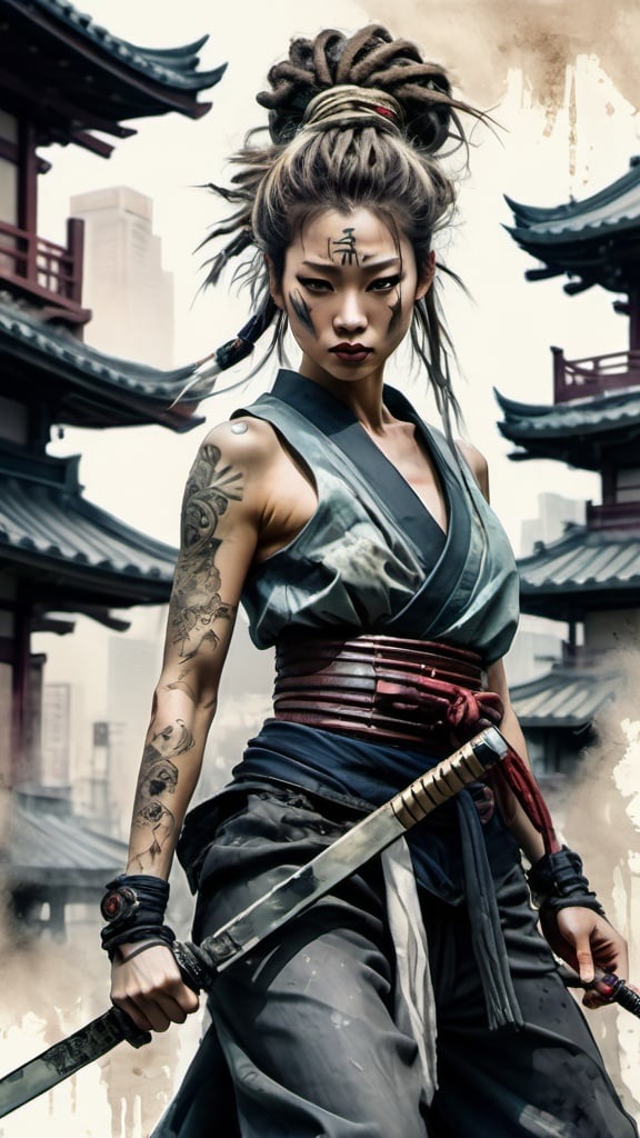 Prompt: japanese warrior woman in dynamic poses, set against an ancient old Tokyo city backdrop, rendered in Louis Royo style with watercolor and oil tinting, incorporating elements of protection and renewal, with dreadlocks, dark haunting eyes