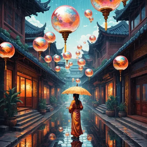 Prompt: Waiting for you in dreams of open eyes closing gaps where souls exhaust when in the rain dragons and tigers of heavens whisper, reflections dance in interlaced ways. - The fragments of a shattered dream - In every soap bubble's gleam.  pixelart pixel art art deco artwork oil painted colorful Oriental East Asia inspired style