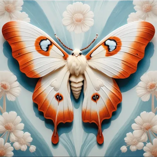 Prompt: white silk moth. Art deco Artwork oil painted chinese inspired style colorful dithering texture vynil.