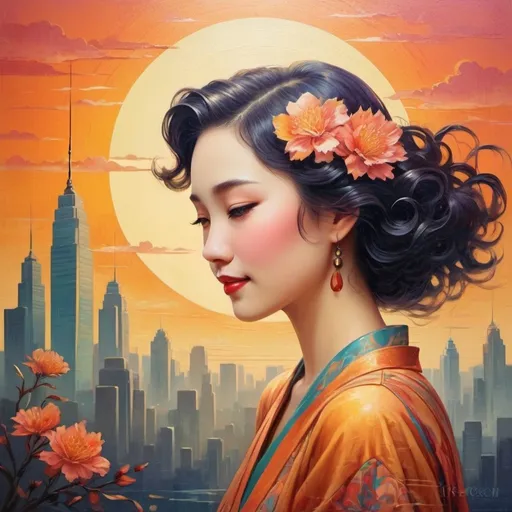 Prompt: By summer tracks wait, whispers of you in the breeze, tears in twilight fall, hopes engraved, your smile rising above the skyline of expectations. Art deco Artwork oil painted chinese inspired style colorful dithering texture vynil.