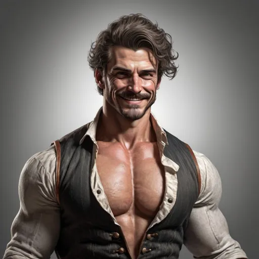 Prompt: Portrait of Max Walker as an 1830's Brawler Acrobat, muscular honed physique, rugged features are complemented by a warm smile, His attire is functional yet stylish, reflecting his practical nature and flair for the dramatic. (sharp:1.2), (detailed:1.2), (HD:1.2), (HDR:1.2), (8K:1.2), (best quality:1.2), (best resolution:1.2), maximalist, (masterpiece:1.2), rough lines, by pencil and ink, crosshatching, realisticvision-negative-embedding