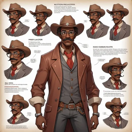 Prompt: Character Design Sheet, character reference sheet, character turn around, scientist of Afro-Caribbean heritage, dons his wire-rimmed glasses, epic mustache and muttonchops, Cowboy duster and hat as he delves into his latest research. His salt-and-pepper hair adds a touch of sophistication to his appearance to his rugged look, Red, Brown, Grey, a-pose