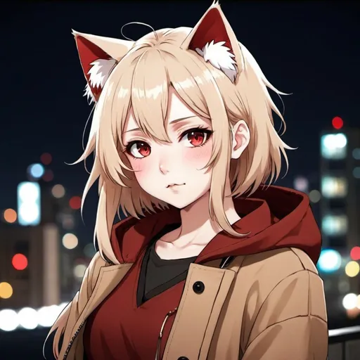 Prompt: cream hair colour, long hair, red eyes, girls anime, anime style, cat ear, brown jacket, hair pins, night city, night time, medium chest, blush face, high quality