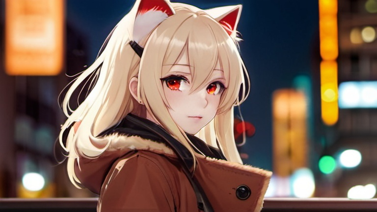 Prompt: cream hair colour, long hair,red eyes, girls anime, cat ear, brown jacket, Night city, bokeh background