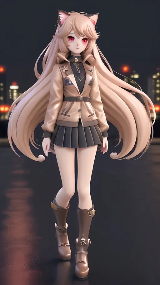 Prompt: cream hair colour, long hair, red eyes, girls anime, anime style, cat ear, brown jacket, hair pins, night city, night time, medium chest, blush face, high quality rendering, full body