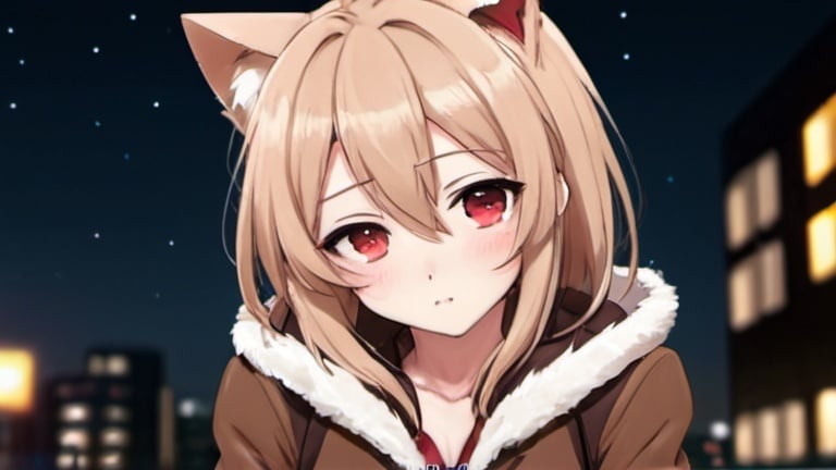 Prompt: cream hair colour, long hair, red eyes, girls anime, anime style, cat ear, brown jacket, showing armpit, hair pins, night city, night time, medium chest, blush face