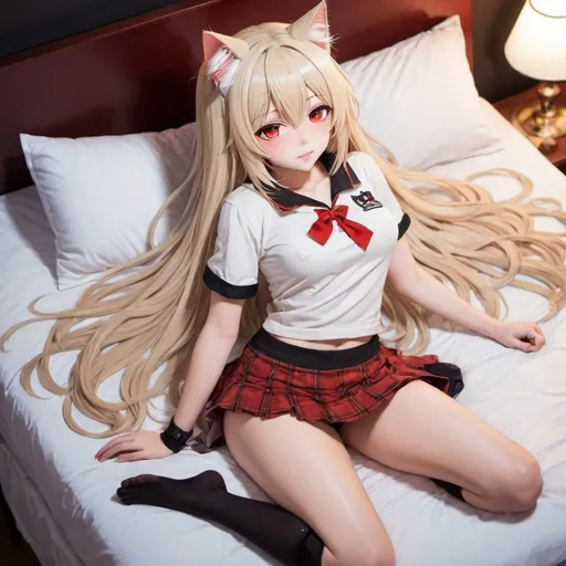 Prompt: cream hair colour, long hair, red eyes, girls anime, anime style, cat ear, wearing mini skirt and hot pants, hair pins, bedroom, night time, blush face, lying down on the bed, armpit