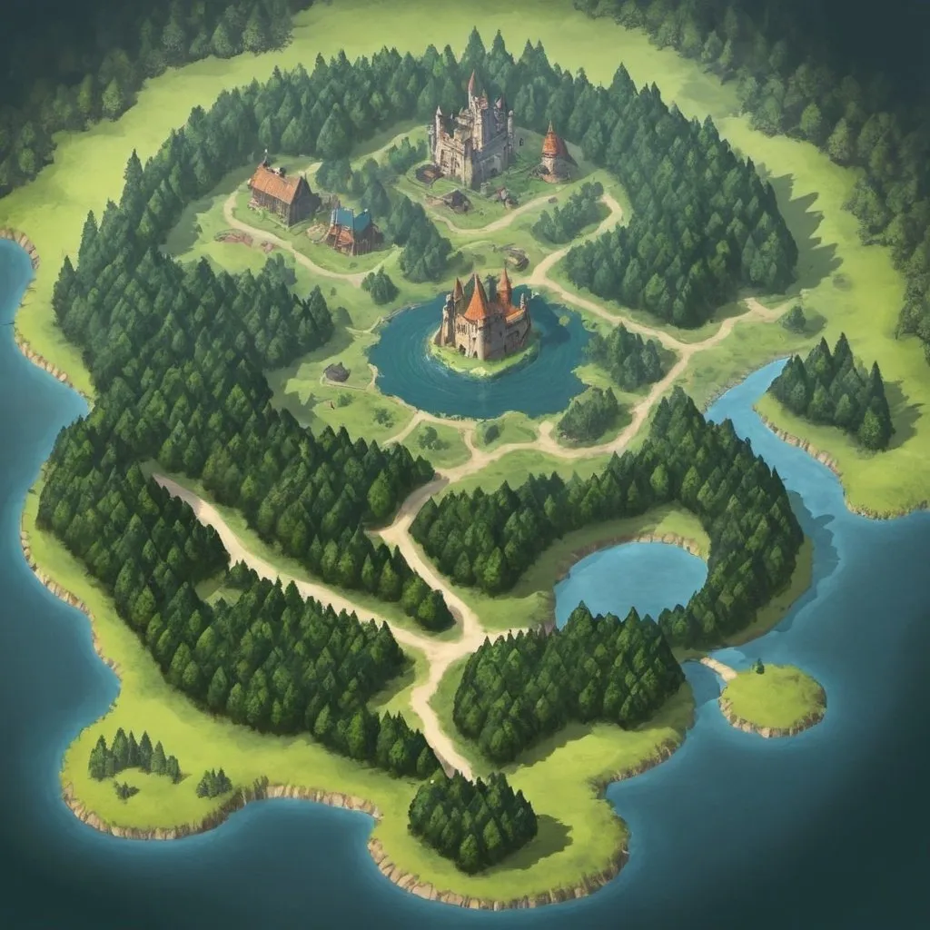 Prompt: Can you give me a map (3rd kingdom - a forest on the side of the "nameless" kingdoms, a large round lake in the forest and a village a little further next to the forest).    (Btw its for a book make it basic )