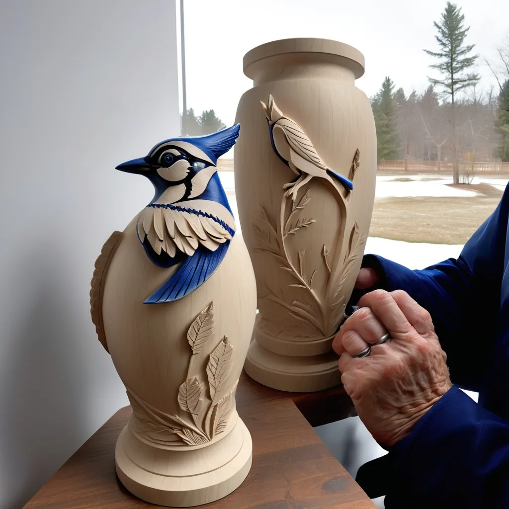 Prompt: carved blue jay urn