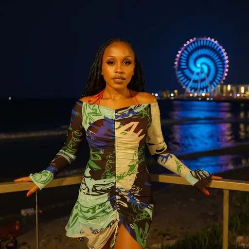Prompt: Create a cinematic portrait of a woman standing near a beach at night. She wears a colorful, patterned dress and leans casually against a railing, with a softly lit Ferris wheel glowing in the background. The scene feels atmospheric and elegant, with warm light on her skin, cool blue reflections from the ocean, and a dreamy depth of field that gives it a movie-like feel. Capture fine texture in the fabric, realistic lighting, and a serene expression