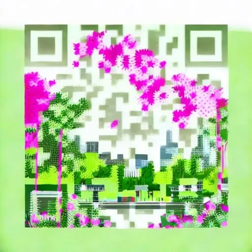 Prompt: Greenery landscape with a lake and a park in summer. Palette color is white green, pink and black.