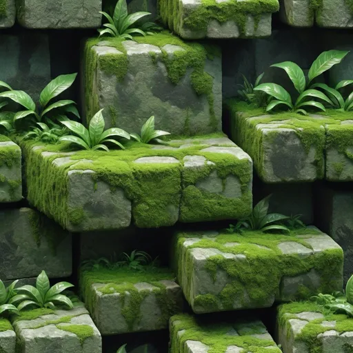 Prompt: Mossy jungle stone block repeating texture, high quality, detailed, 3D rendering, natural tones, intricate details, seamless pattern, realistic lighting, lush green hues, atmospheric feel