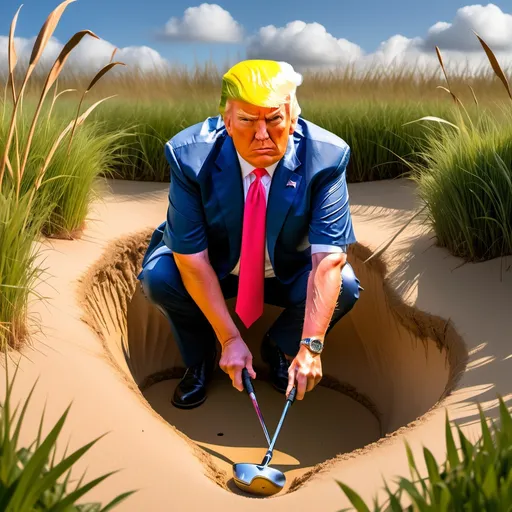 Prompt: I'll enhance your creative prompt to better capture your vision while ensuring clarity and richness:"illustration of Trump stuck in a deep golf sand trap, surrounded by thick, unkempt grass indicating neglect, expression of frustration, wearing a vibrant golf outfit, dramatic and ironic atmosphere, surreal concept, emphasizing the chaotic state of the golf course, high detail, colorful and engaging style, metaphorical representation, critique of labor dynamics, 4K quality."