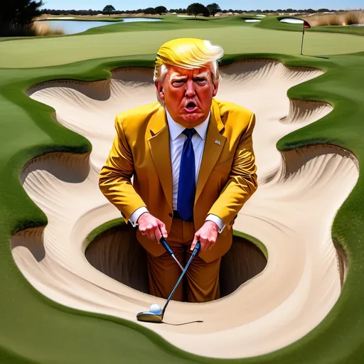 Prompt: I'll enhance your creative prompt to better capture your vision while ensuring clarity and richness:"illustration of Trump stuck in a deep golf sand trap, surrounded by thick, unkempt grass indicating neglect, expression of frustration, wearing a vibrant golf outfit, dramatic and ironic atmosphere, surreal concept, emphasizing the chaotic state of the golf course, high detail, colorful and engaging style, metaphorical representation, critique of labor dynamics, 4K quality."