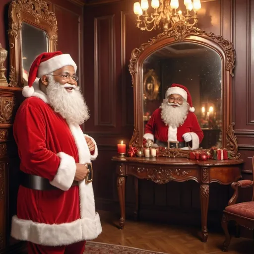 Prompt: (Victorian smiling Santa Claus) staring at himself, (smiling lovingly), full-length mirror, vintage-style, in an opulent Victorian room, adorned with ornate wooden furniture, deep reds and gold colors, warm tones, cozy and nostalgic atmosphere, firelight casting a gentle glow, soft shadows, fine Christmas decorations, ultra-detailed, high-quality 4K, photorealistic, award-winning photography দেব উল্লেখযোগ্য বিষয় too.