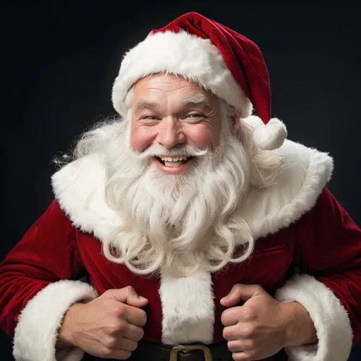 Prompt: Grinning Victorian Santa Clause face looking down and face to the left with arms open and hugging