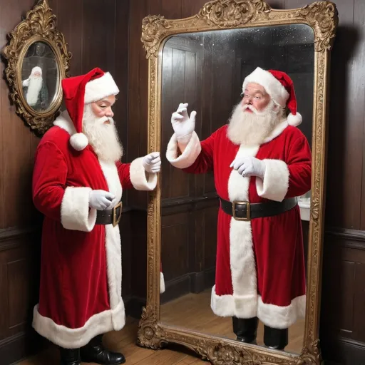 Prompt: VICTORIAN SANTA CLAUS ADMIRING HIMSELF IN A FULL LENGHT MIRROR
