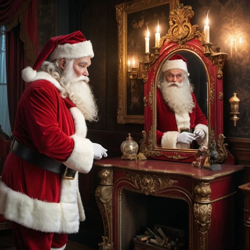 Prompt: VICTORIAN SANTA CLAUS  STARING AT HIMSELF AS HE LOOKS AT  HIMSELF LOVINGLY AND NARCISSISTICALLY  IN A FULL LENGHT MIRROR