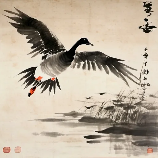 Prompt: Un parchemin japonai realiste sans texte et avec en bas un vol d'oies sauvage dessiné à  l'encre de chine.