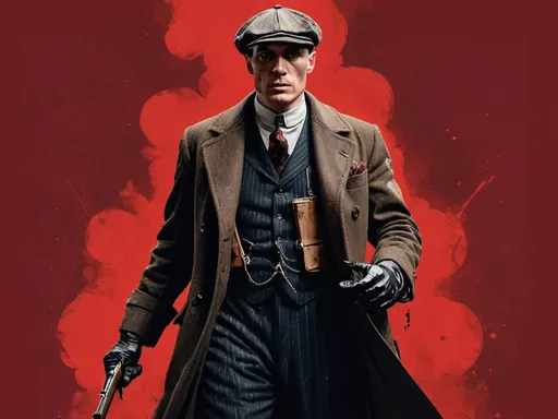 Prompt: Thomas Shelby standing full body, front facing, wearing classic 1920s Birmingham suit, long coat, flat cap, leather gloves, cigarette in mouth, holding a revolver in one hand, bandolier across chest, intense expression, cinematic lighting, high contrast shadows, gritty texture, blood splatter details on hands and clothes, minimal composition, solid red background with black top fade, dramatic noir style, ultra realistic, sharp details, 8k, high dynamic range, poster style, dark aesthetic, moody lighting, symmetrical composition --ar 9:16 --v 6 --style raw