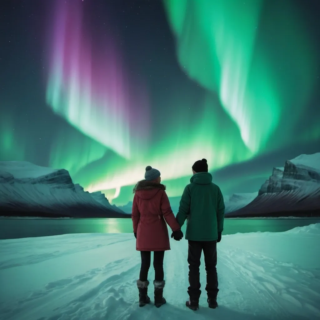 Prompt: A couple which is a boy and a girl staring, holding hands together while staring at the beautiful northern lights