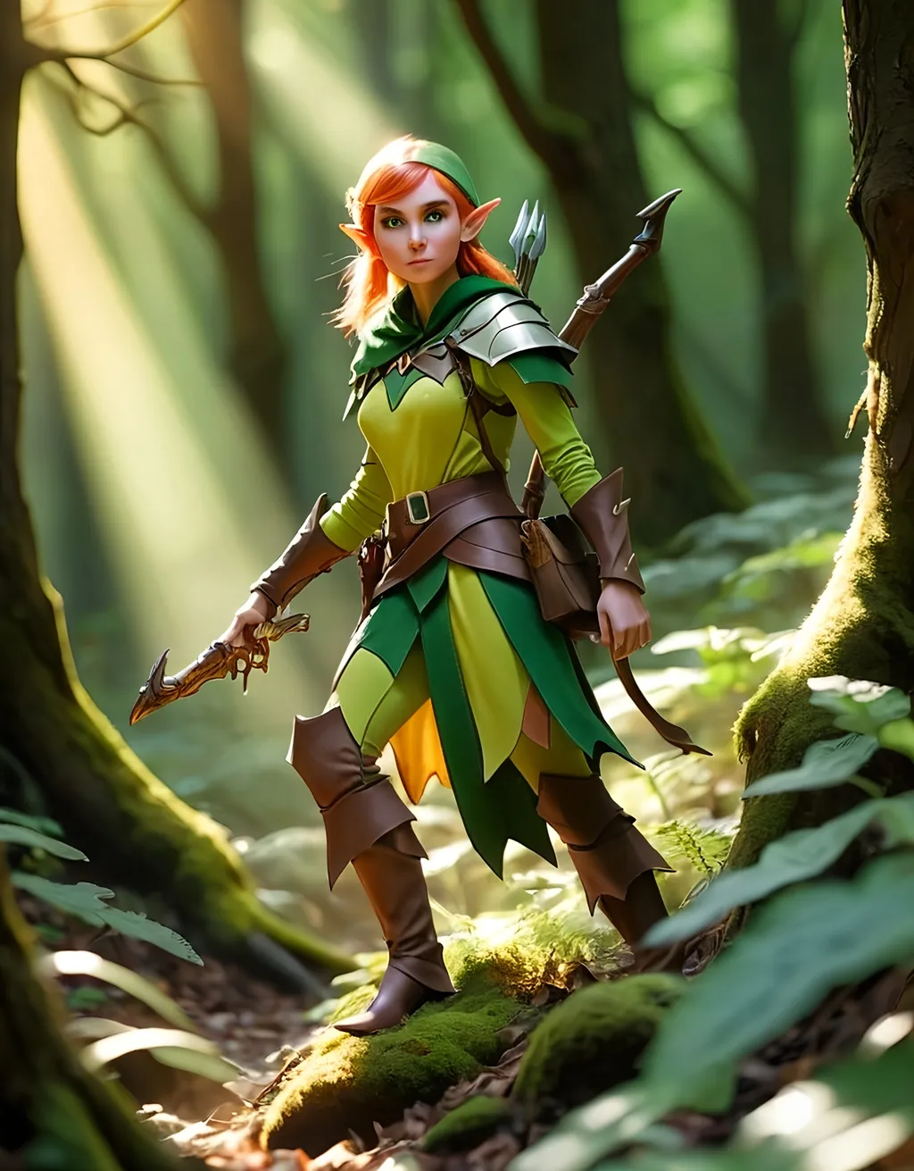 Prompt: Elf ranger in a mystical forest around sunlight