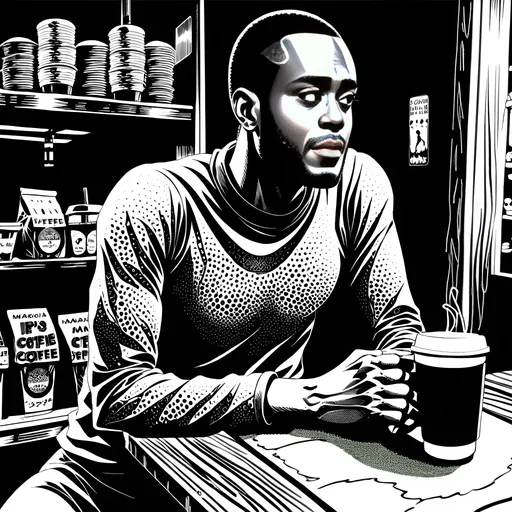 Prompt: Junji Ito manga style, man in coffee shop, manga scene