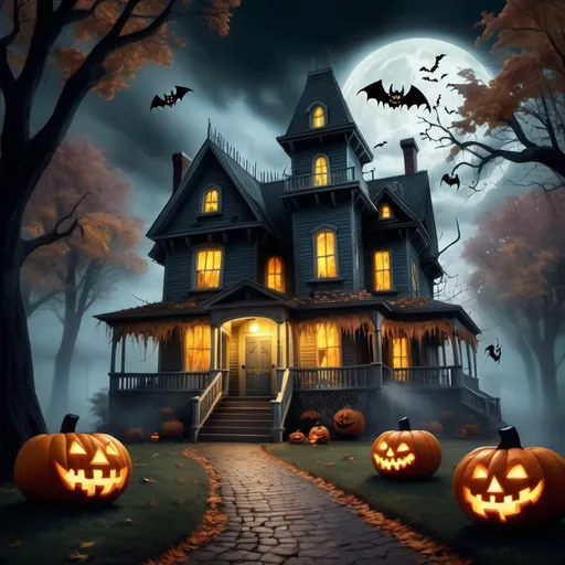 Prompt: Haunted houses with a spooky outlook that would look like if Thomas Kinkade had painted it. add some ghosts, jack-o-lanterns, corn stakes,spider webs, and children trick or treating