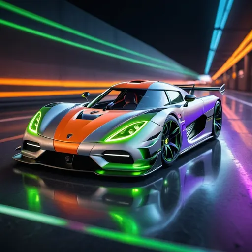 Prompt: A 2024 Koenigsegg Jesko Absolut with green, red, black, brown/orange, purple, and blue to be precise livery and the VISIBLE “Road Beasts” Logo from Hotwheels highway 35, spoiler fins, dynamic and energetic atmosphere, high-speed motion blur, sleek and aerodynamic design, futuristic urban background with neon lights, glowing reflections, ultra-detailed, classic pencil design artstyle 