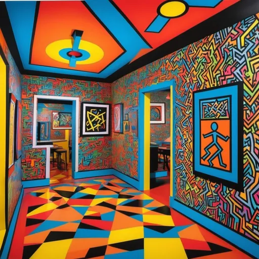 Prompt: Keith Harring "pop shop 1" and m.c.escher "infinity" vibrant colors bright lightning