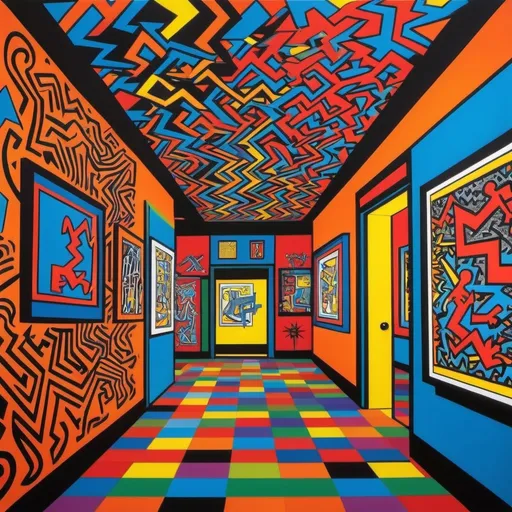 Prompt: Keith Harring "pop shop 1" and m.c.escher "infinity" vibrant colors bright lightning